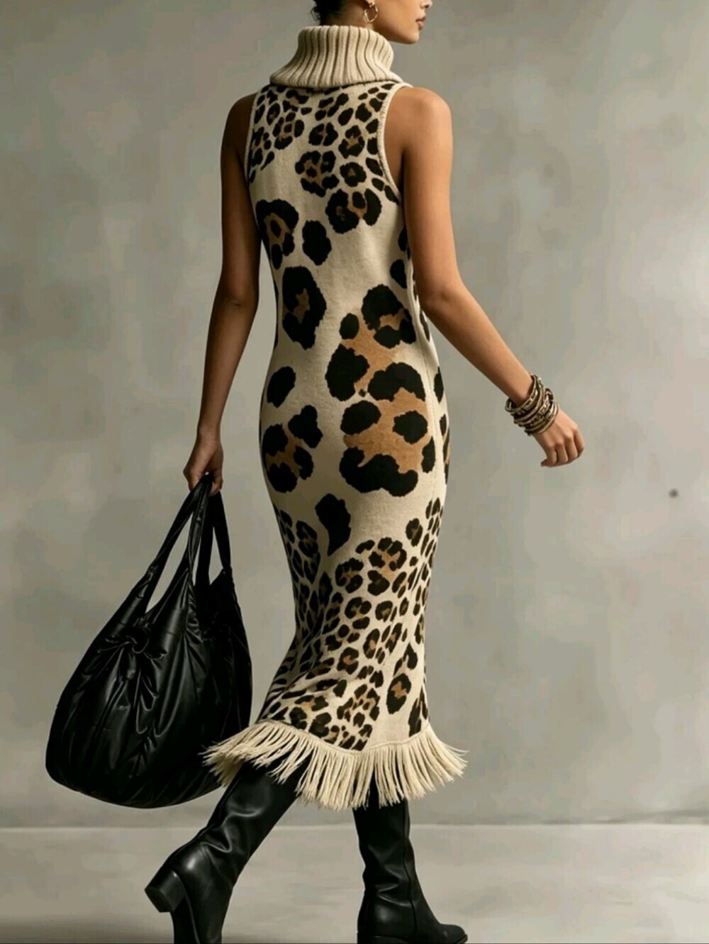 Vintage Leopard Print High Neck Sleeveless Knit Dress With Tassel Hem - Picture 3 of 4